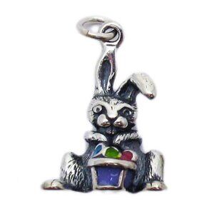 EASTER BUNNY WITH ENAMEL COLORED EGGS. CHARM IN STERLING SILVER